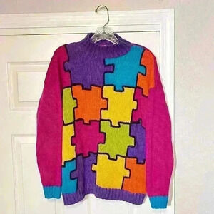 Vintage 90s Reference Point Puzzle Pieces Autism Sweater Colorful Knit Pop Art